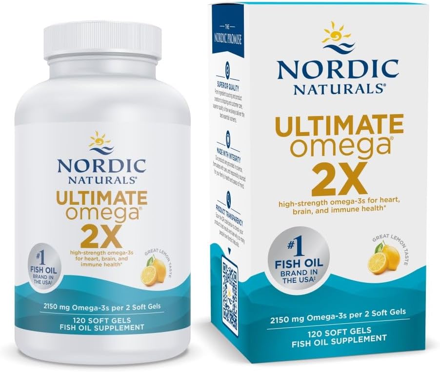 Nordic Naturals Ultimate Omega 2X, 2150mg Fish Oil, Lemon - 60 Count | High-potency 2X formula with EPA & DHA for brain & heart health. Non-GMO soft gels. 30 servings.
