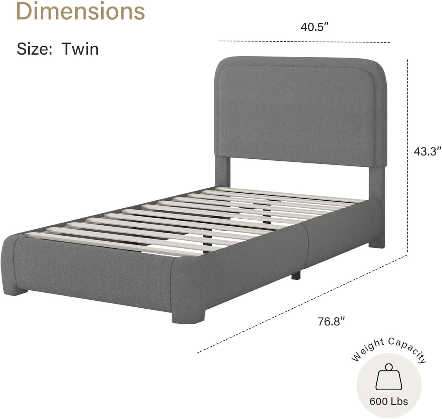 BarnFurin Full Bed Frame, Cloud Boucle Headboard, Rounded Corners, White | Soft boucle and rounded edges create a low-profile cloud look. Wooden slats support the mattress without a box spring
