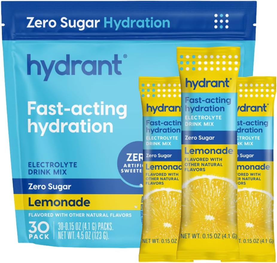 Hydrant Hydrate No Added Sugar, Individual Hydration Electrolyte Powder Stick Packets with Zero Sugar and Electrolytes for Rapid Hydration (Lemonade