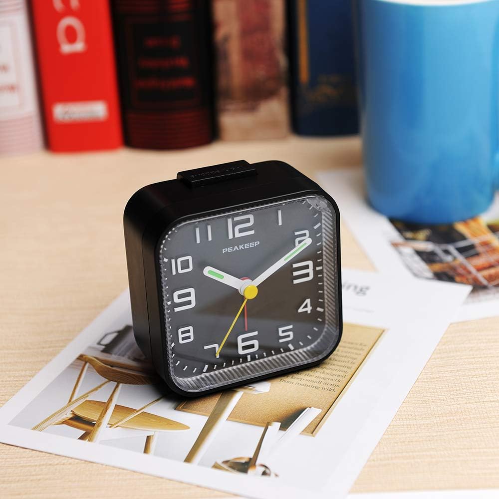 Peakeep Small Battery Operated Analog Travel Alarm Clock Silent | No Ticking, Lighted on Demand and Snooze, Beep Sounds, Gentle Wake, Ascending Alarm, Easy Set (Black)