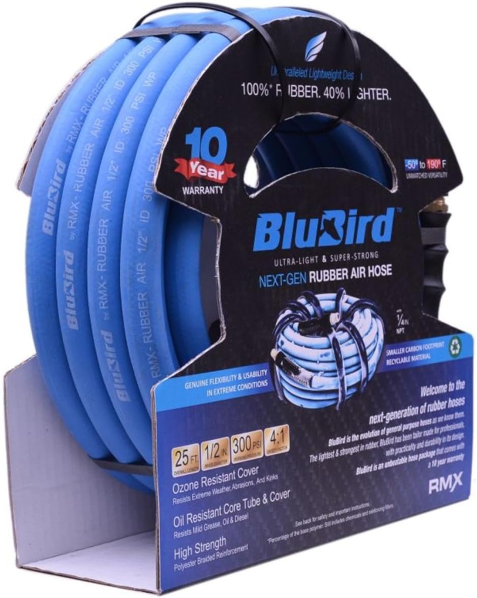 BLUBIRD BB1250 1/2" x 50' Rubber Air Hose, 100% Rubber, Lightest, Strongest, Most Flexible, 300 PSI, 50F to 190F Degrees, Ozone Resistant, High Strength Polyester Braided
