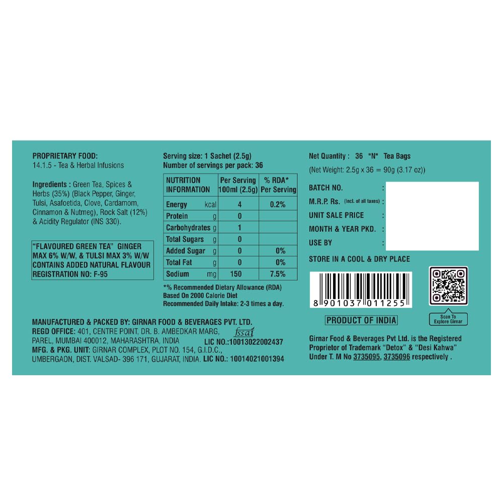 Girnar Detox Green Tea, (36 Teabags)