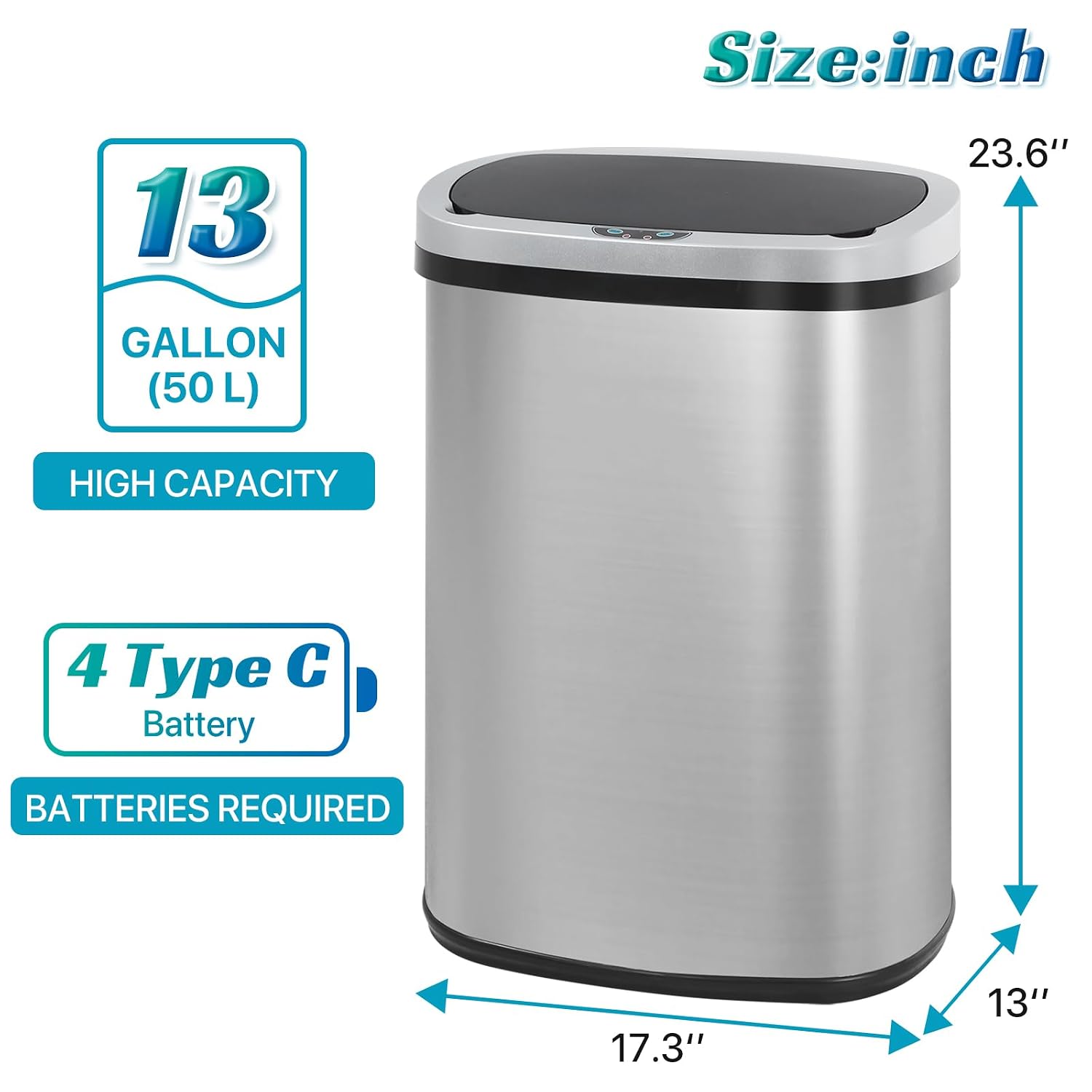 Dkeli 13 Gallon Automatic Motion Sensor Trash Can, Stainless Steel Touchless Kitchen Trash Can with Lid, 50L High-Capacity Office Bathroom Bedroom Garbage Bin