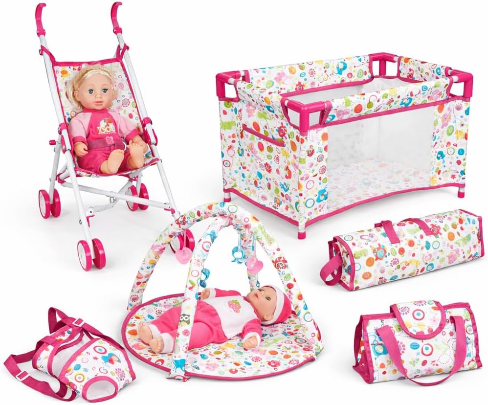 Liberty Imports 5-in-1 Baby Doll Stroller Playset with Doll Included, Foldable Stroller, Playard Playpen, Activity Play Mat, Baby Carrier & Travel Bag
