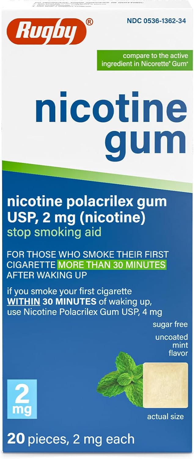 Rugby Polacrilex 2mg Nicotine Gum, Uncoated Mint Flavor, 20 Count (1-Pack) | Sugar-Free Stop Smoking Aid