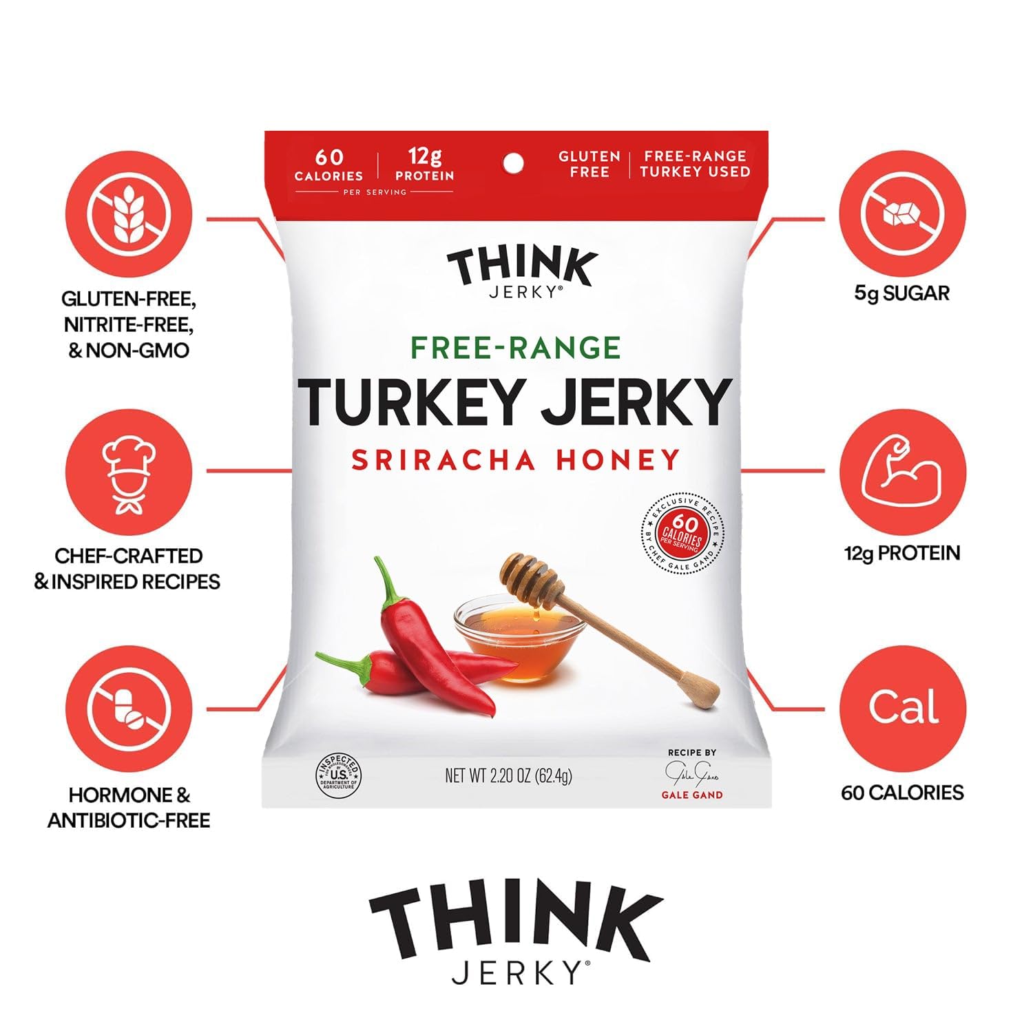 Think Jerky Sesame Teriyaki Beef Jerky, Grass-Fed High Protein Beef Jerky, Gluten Free, No Antibiotics or Nitrates, Healthy Chef Crafted Recipe, Low Calorie and Low Fat - 2.2 oz Bags, 4 Pack