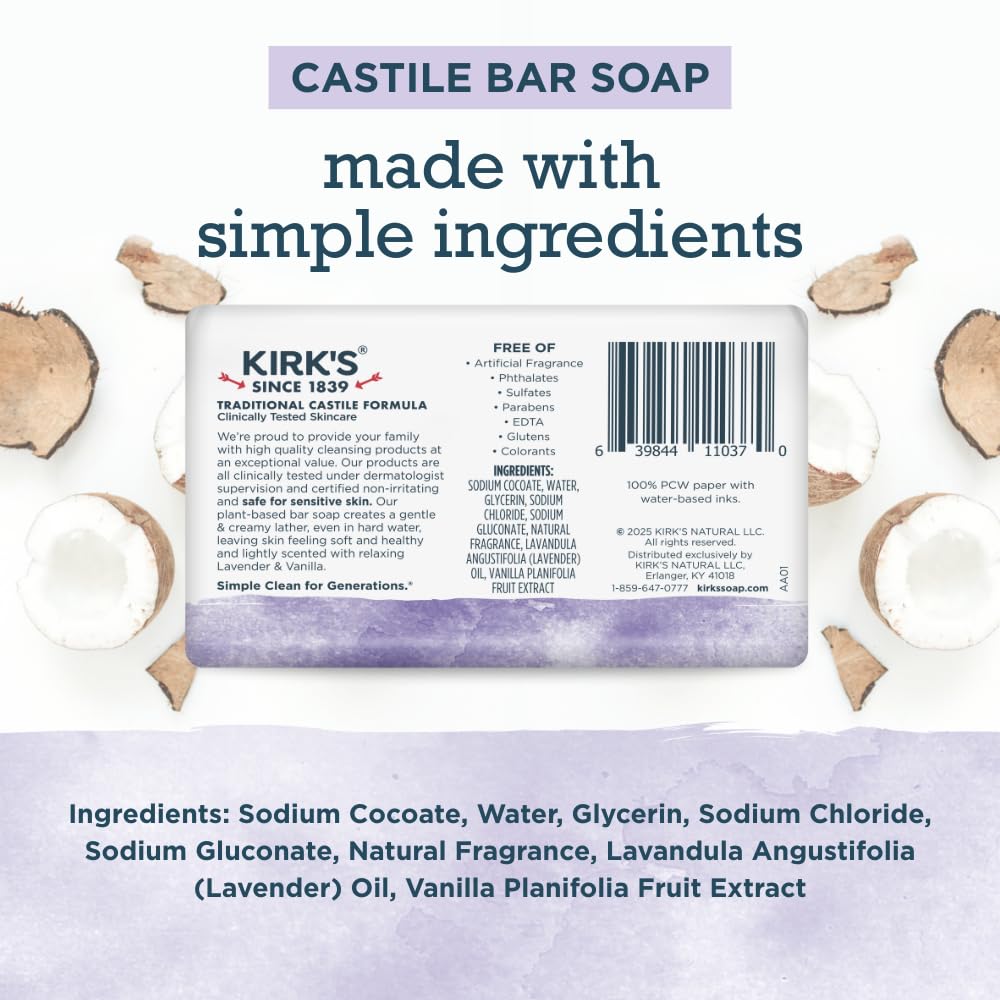 Kirk's Castile Bar Soap, Aloe Vera - Clinically Tested, Safe for Sensitive Skin with Coconut Oil, Vegan and Non-GMO - 4 oz Bars, 6 Pack