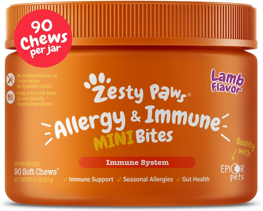 Zesty Paws Allergy Immune Bites - Dog Allergy Chews, Dog Probiotics for Itchy Skin and Ears, Lamb, 90ct