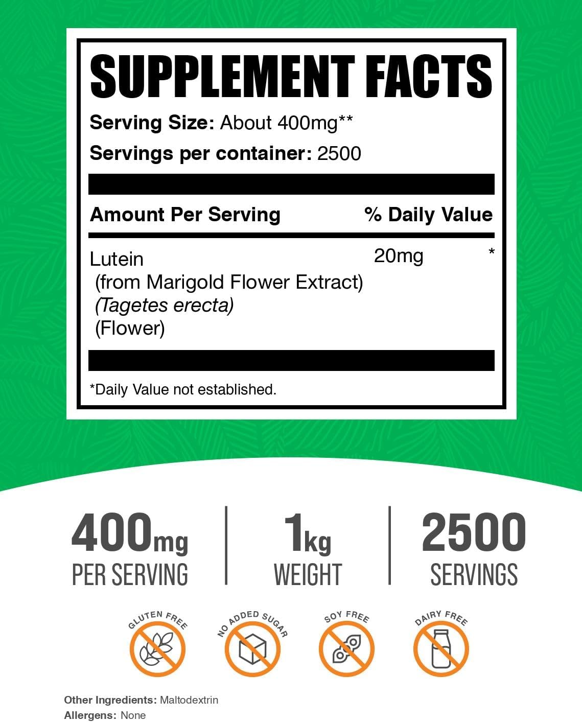 BulkSupplements.com Lutein Powder - from Marigold Flower Extract, Eye Supplement, Lutein 20mg - Antioxidant Source, Gluten Free, 400mg per Serving, 250g (8.8 oz) (Pack of 1)