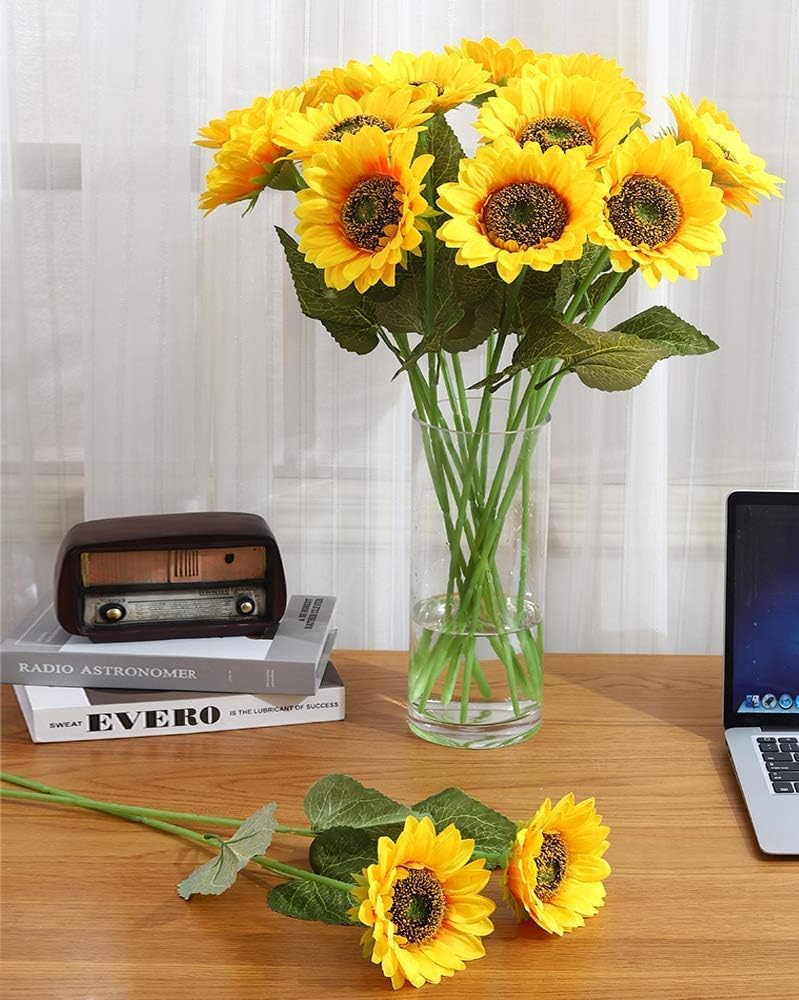 Laelfe Artificial Sunflower Flowers Long Stem Silk Fake Large Sunflowers Decoration for Outdoor Home Wedding Baby Shower Birthday Party Single Bulk
