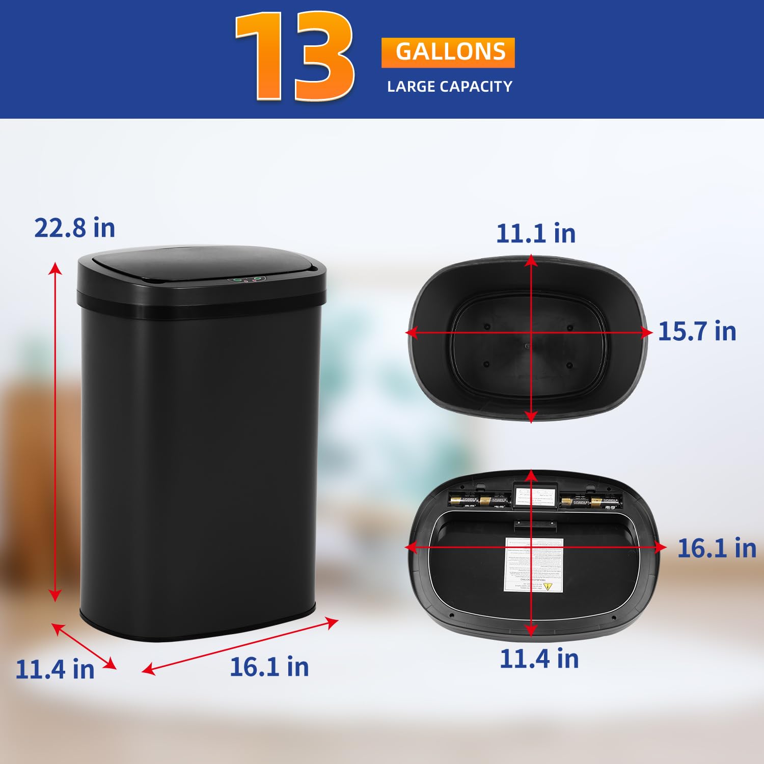 BestOffice | 13 Gallon Stainless Steel Trash Can with Lid | Steel | Automatic Touchless Garbage Can | Odor Control | Modern Oval Design | Easy to Clean | For Kitchen, Bathroom, Office or Home