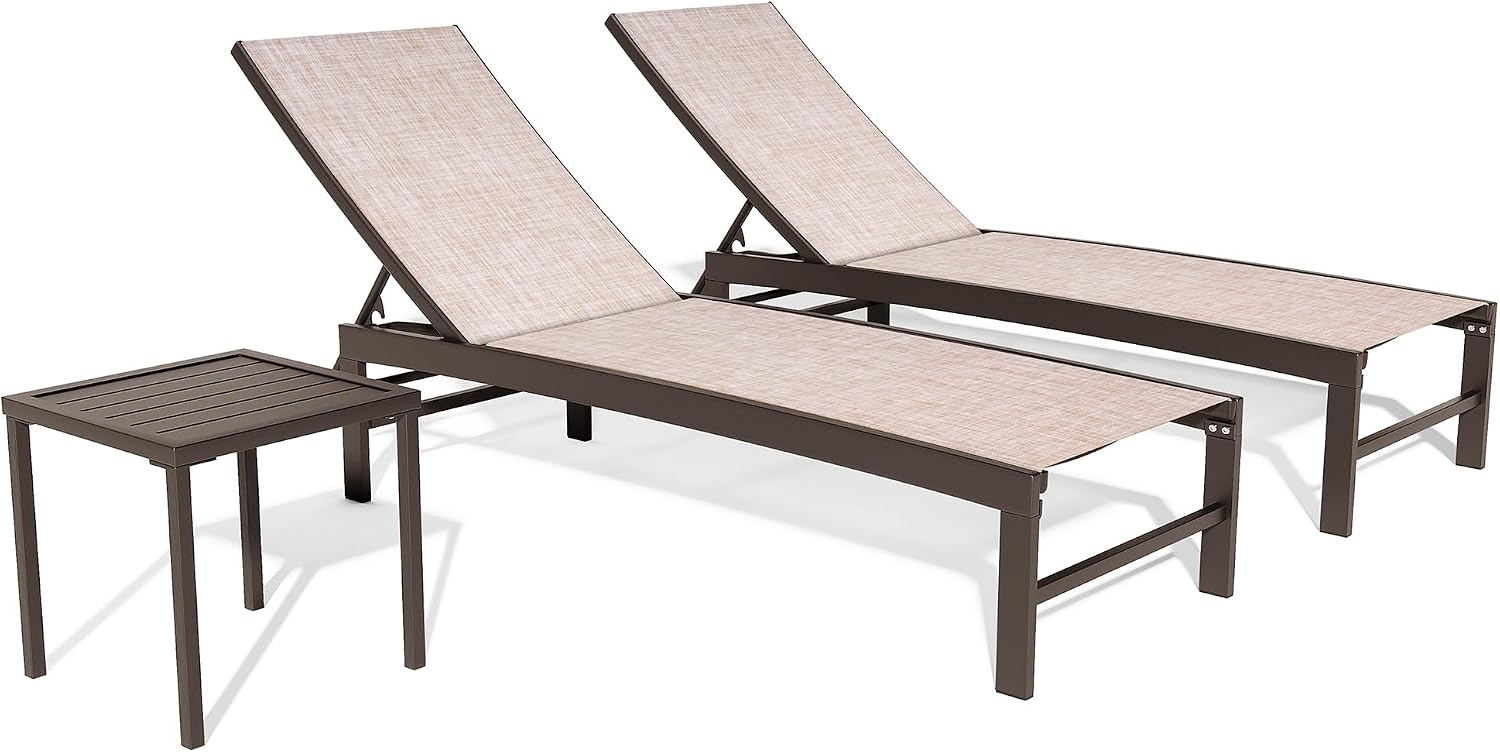Crestlive Products Outdoor Pool Lounge Chairs Set of 2 with Side Table, Adjustable Five-Position Recliner for Beach, Pool, Sunbathing, Lawn