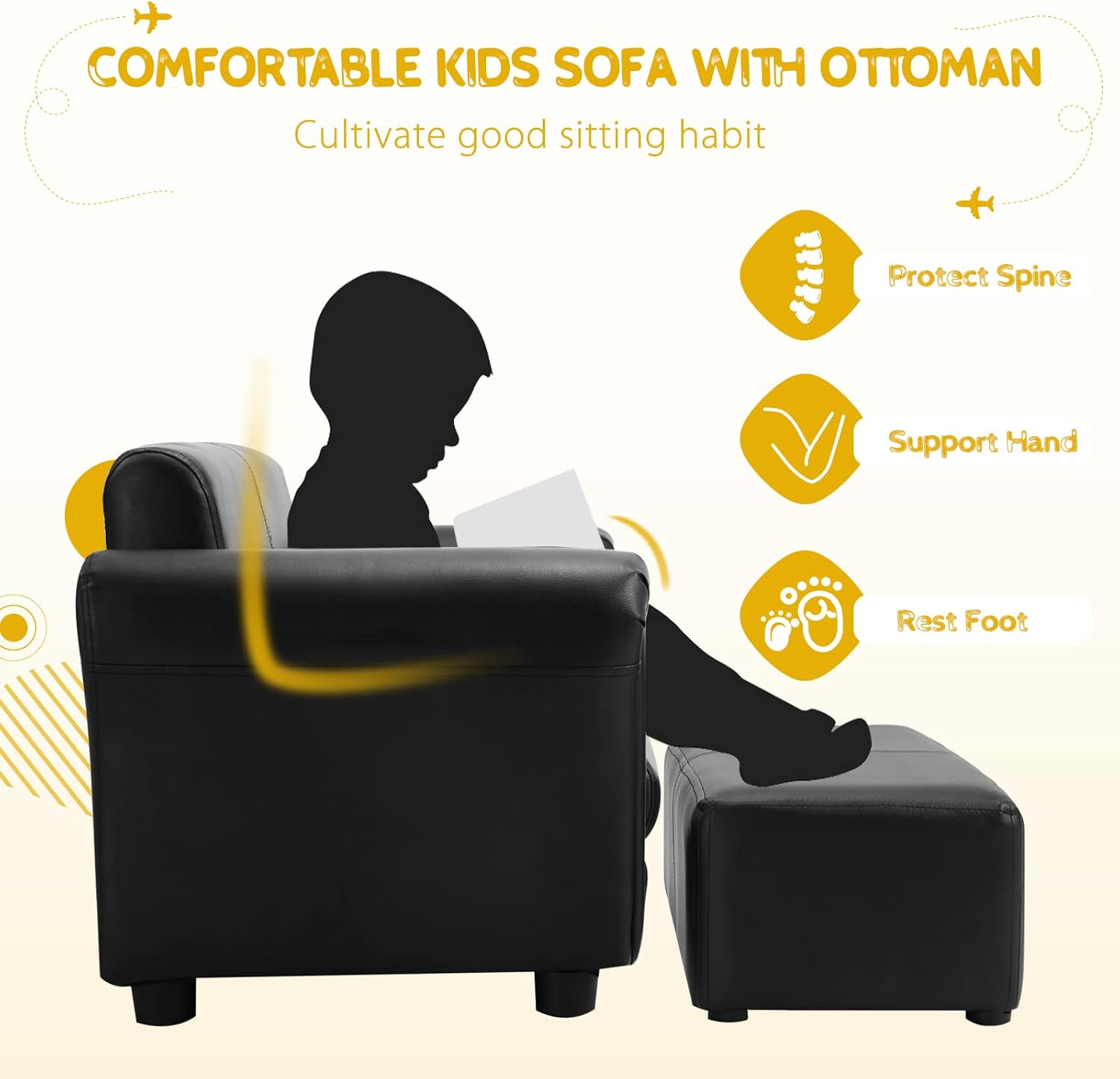 HONEY JOY Kids Sofa, 2 Seat Toddler Couch Lounge Bed with Ottoman, Sturdy Wood Construction