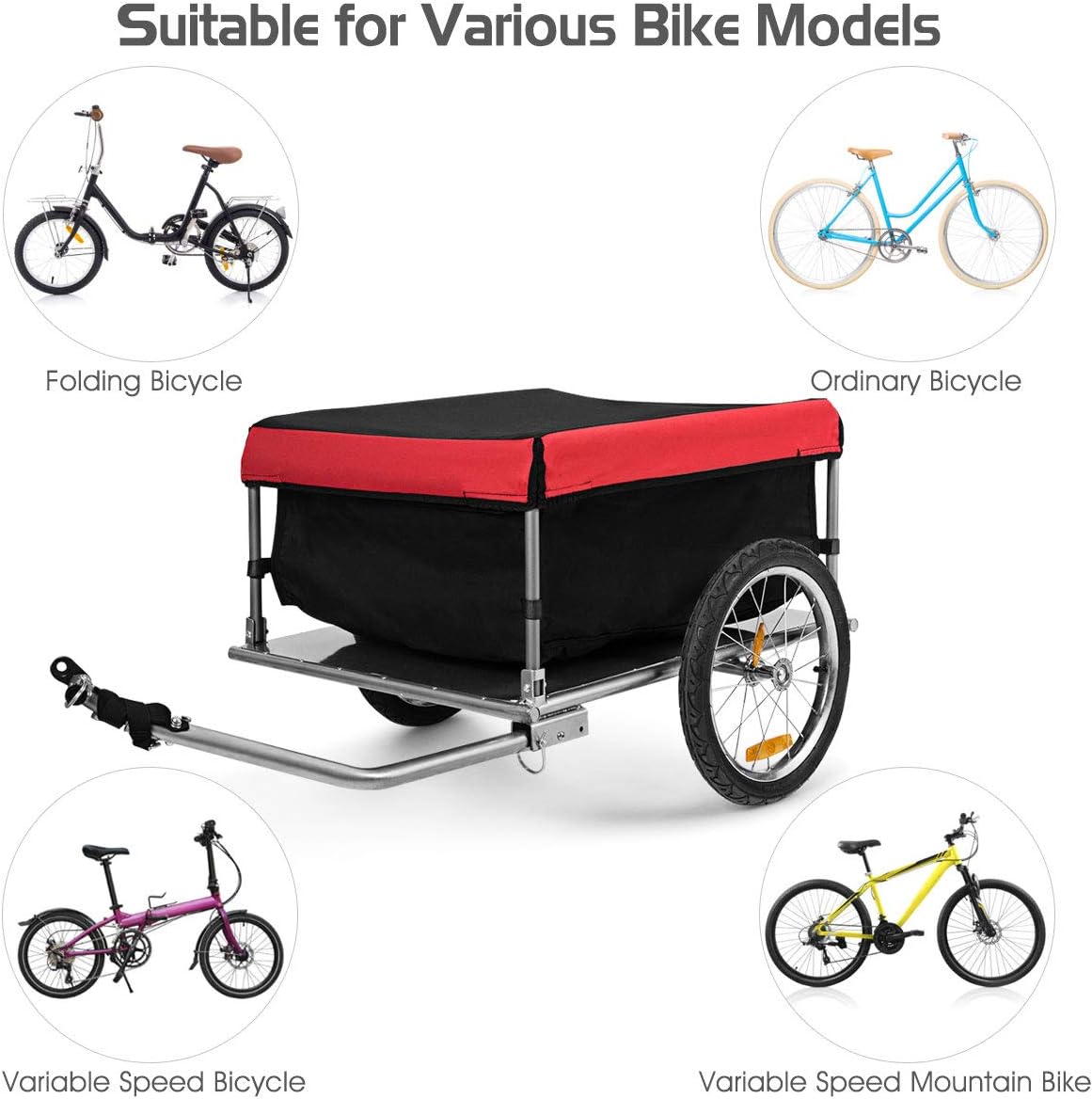 Goplus Bike Cargo Trailer, Foldable Bicycle Trailer with 16” Wheels, Removable Cover, Oxford Fabric, Folding Frame Quick Release