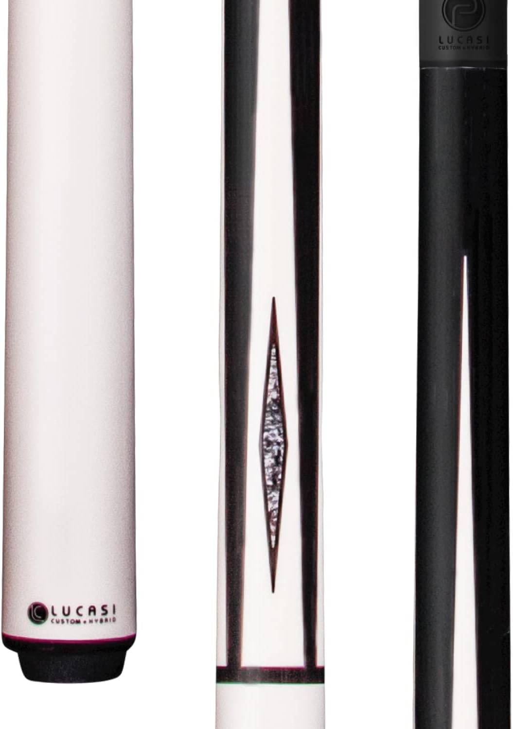 LUCASI LPSP Sneaky Pete Cue, White/Black Lustrous Matte Finish, 4-Point White/Silver Crush Inlays, Pinnacle Carbon Fiber Composite Shaft