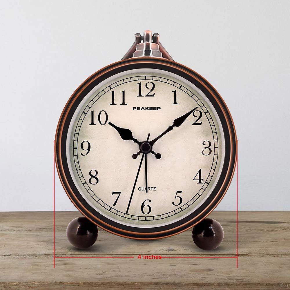 Peakeep 4" Small Battery Operated Analog Alarm Clock, Antique Retro Style
