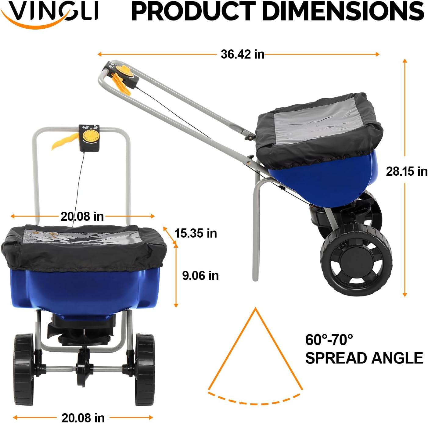 VINGLI 70lbs Fertilizer Spreader with 15 Adjustable Drop Rate, Pre-Assembled Walk-Behind Seed Spreader, with 9" Tire for Multi-Terrain, Broadcast Spreader for Lawn Care & Seed Spreading