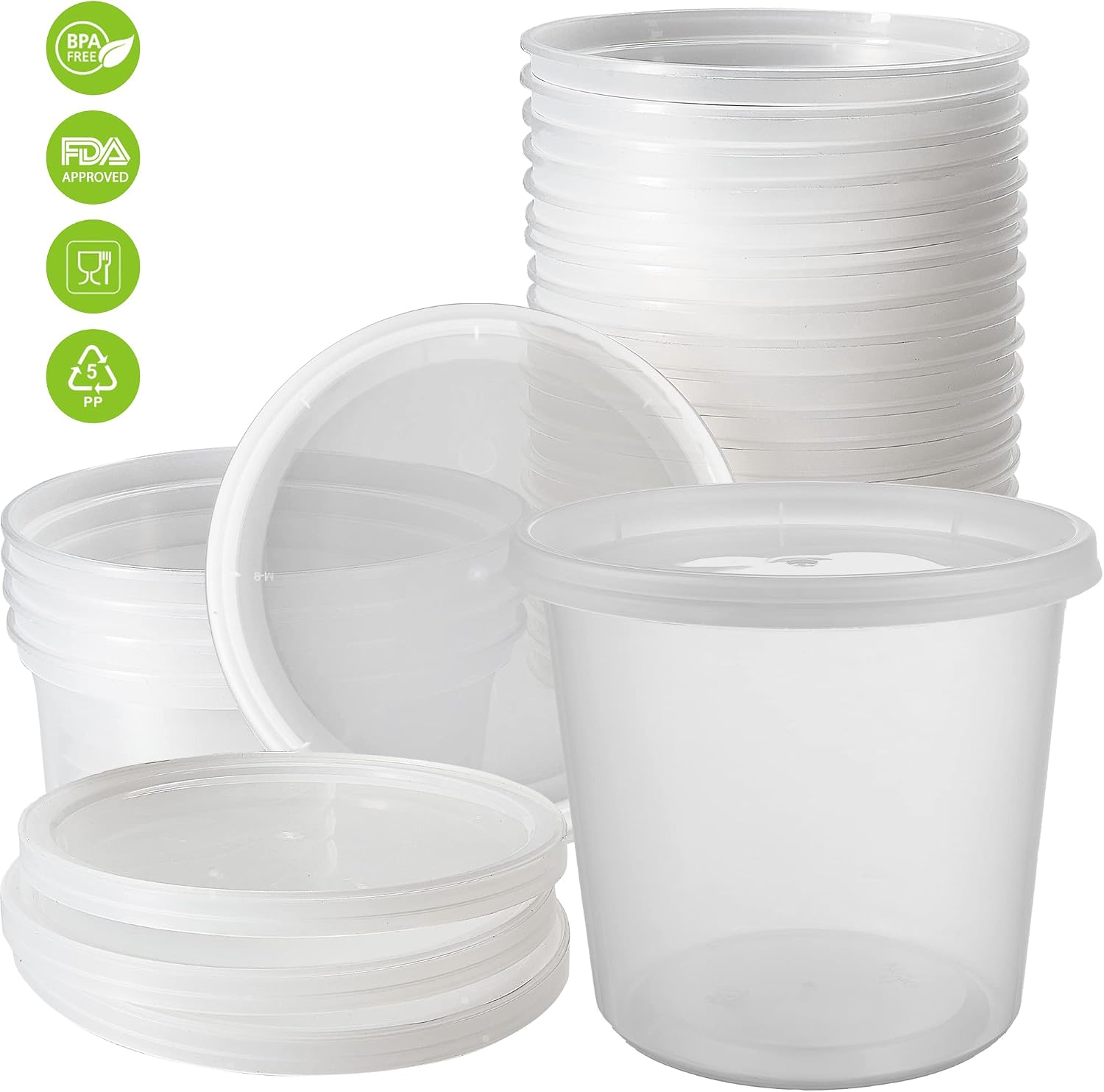 DuraHome - Deli food Storage Containers with Lids 32 oz, Quart Pack of 24 Leak-proof Freezer Safe Microwaveable Soup Storage Container - Clear Plastic Premium Quality
