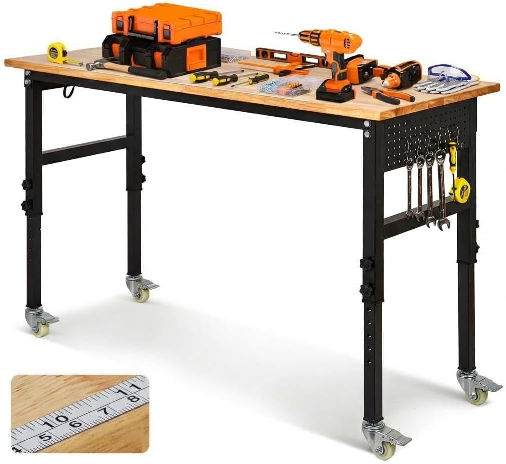 48" Adjustable Workbench, 8-Level Height Adjustable Rolling Work Table with Casters & Scale, Sit & Stand 2-in-1 Garage Tool Table with Pegboard & Hooks, for Workshop, Warehouse, DIY Projects