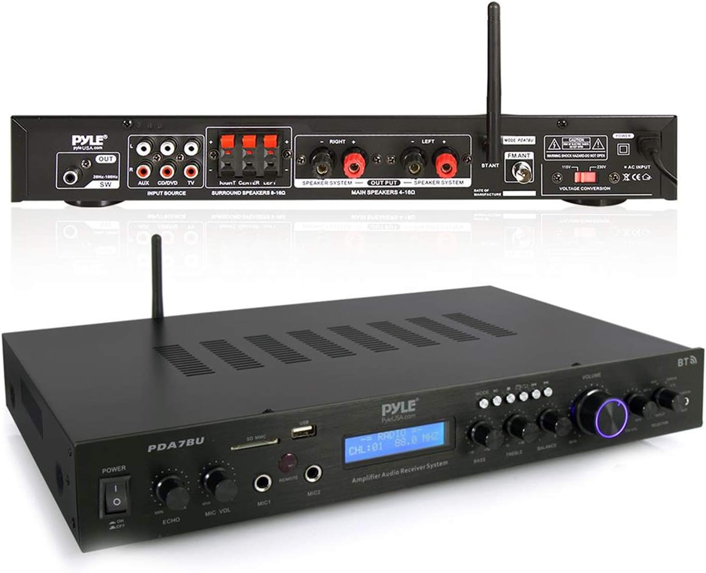 Pyle Bluetooth Home Theater Amplifier - 200 Watts into 5 Channels with Subwoofer Out, Easy Karaoke - Dual Mic, Wireless Streaming