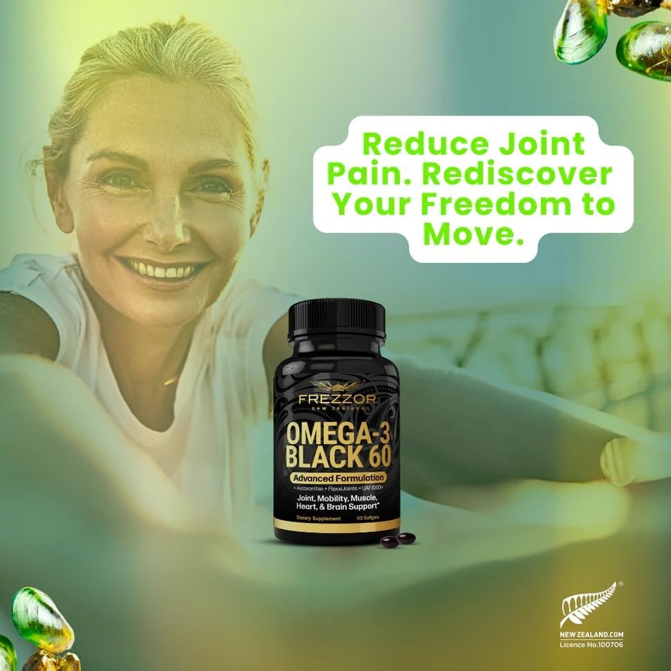 FREZZOR Omega 3 Black for Joint Care & Comfort - New Zealand Green Lipped Mussel Oil Capsules, 53x Higher Potency with UAF1000+ Super Antioxidant