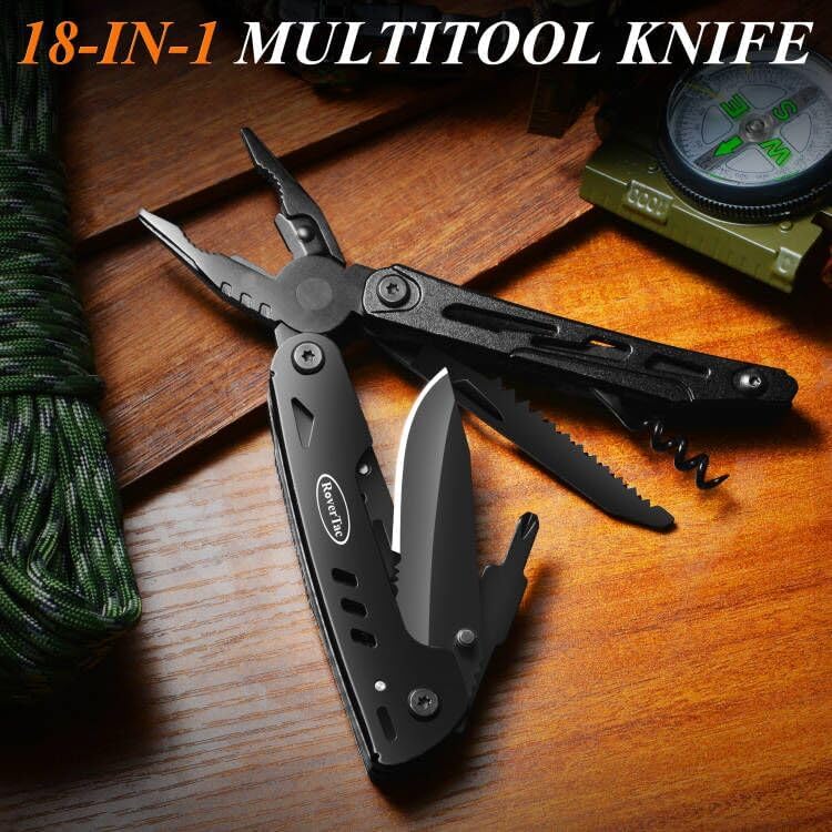 RoverTac 18-in-1 Multitool Pocket Knife with Pliers, Saw, Corkscrew & Detachable Scissors, Multi Tool with Safety Lock, 9 Screwdriver Bits