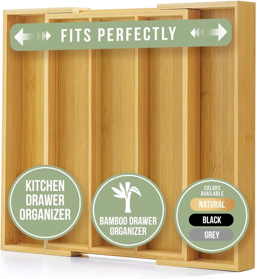 Purawood Kitchen Drawer Organizer - Expandable Utensil Drawer Organizer for Kitchen, Cutlery Tray & Silverware Organizer