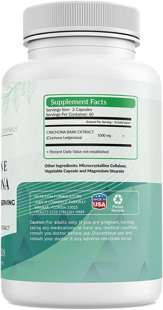 Quinine Cinchona Bark Extract 1000 mg – Herbal Supplement for Muscle & Leg Cramp Relief, Digestive Support & Immune Health – 120 Capsules, Non-GMO