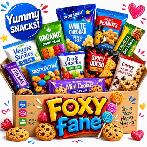 Foxy Fane 60-Count Healthy Snack Box Care Package, Variety Pack of 60 Individually Wrapped Sweet and Savory Snacks, Assorted Gift Basket for Office