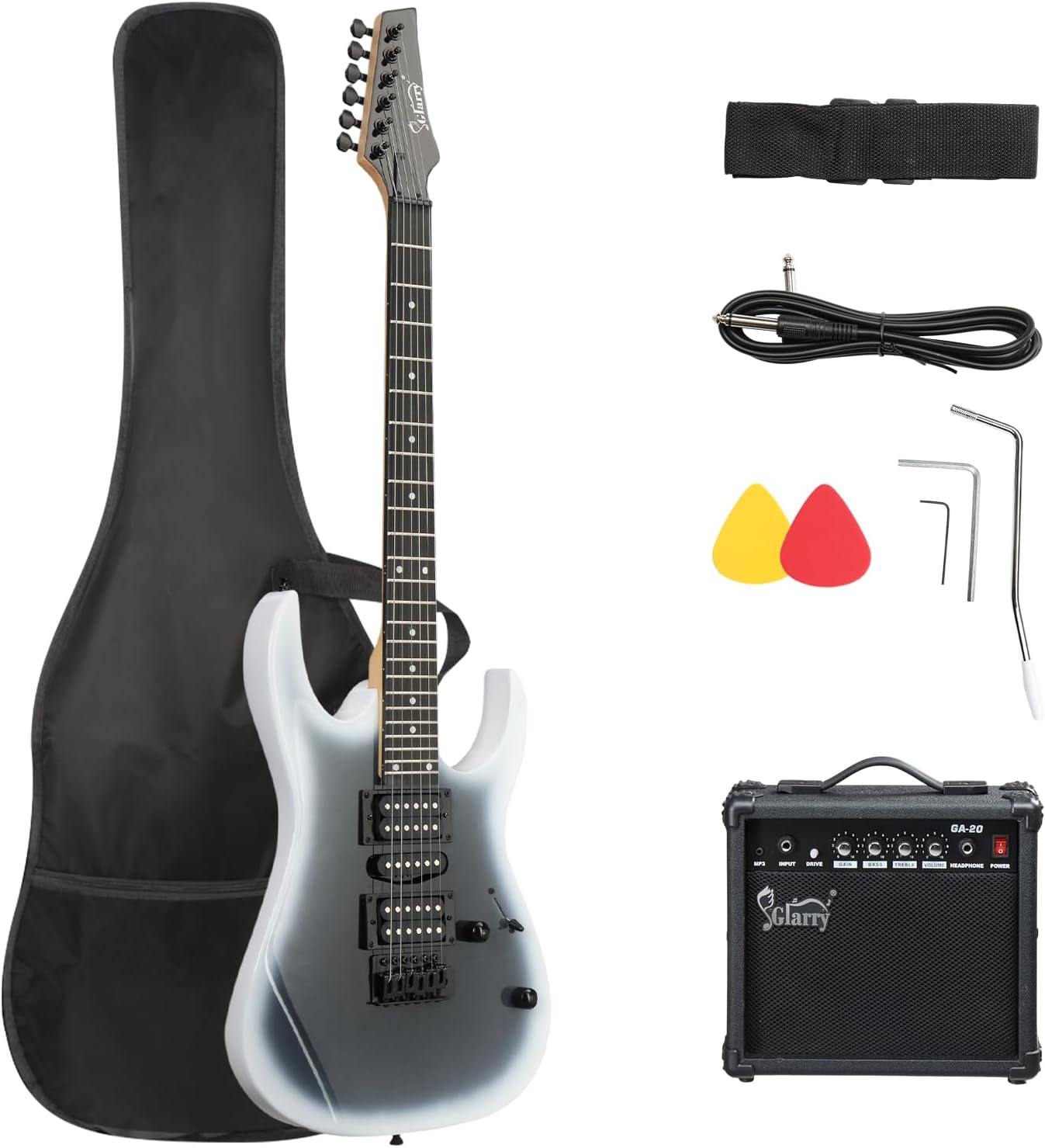 GLARRY 39" Full Size Electric Guitar Kit for Beginners, Starter Electric Guitar Set with 20W Amp & HSH Pickups, Model 170 (Black-White)