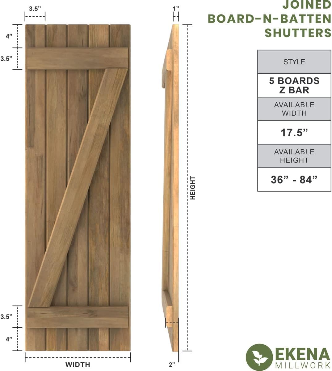 17 1/2"W x 48"H Americraft Five Board (2 Batten) Exterior Real Wood Joined Board-n-Batten Shutters w/Z-Bar (Per Pair), Unfinished