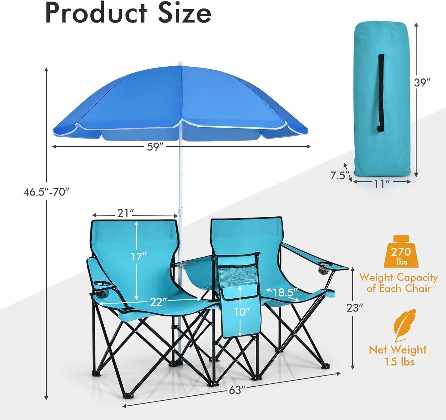 COSTWAY Double Portable Picnic Chairs, Folding Camping Chairs w/Detachable Umbrella, Cooler Bag, Cup Holders, Patio Beach Camping Chairs for Outdoors, Blue | Detachable Umbrella, Cooler Bag, Cup Holders, Patio Beach Camping Chairs for Outdoors, Blue