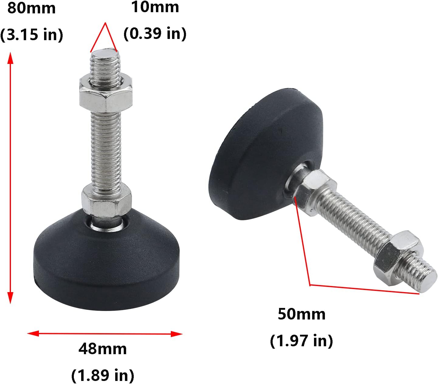 Antrader 4Pcs M8 x 2 Inch Steel Adjustable Leveling Feet,2 Inch Nylon Base | Reinforced Articulated Foot Cups for Furniture & Equipment,Anti-slip Dotted Rubber Base,Reduce Vibration & Protect Floors