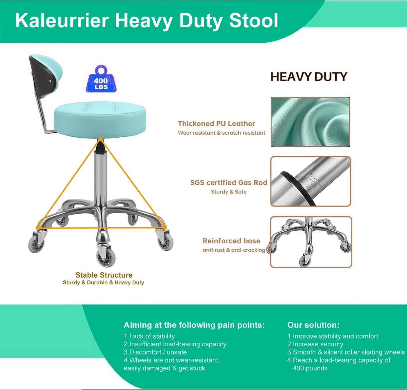Kaleurrier Rolling Stool with Back Rest: Swivel Chair Adjustable Height