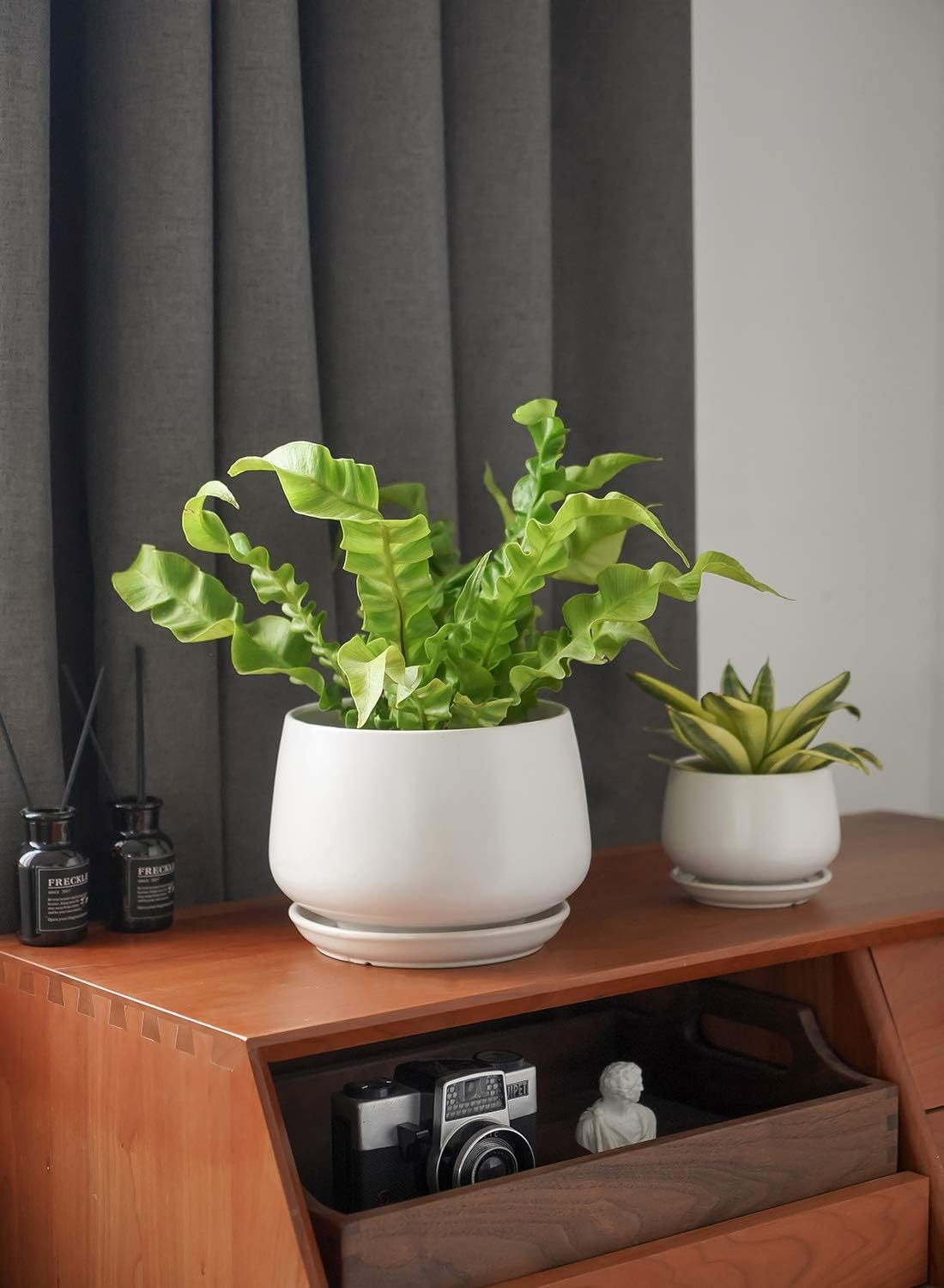 LE TAUCI Plant Pots, 4.1+5.1+6.5 inch, Set of 3, Ceramic Planters with Drainage Hole and Saucer, Indoor Flower Pot with Hole Mesh Pad, Gifts for Mom