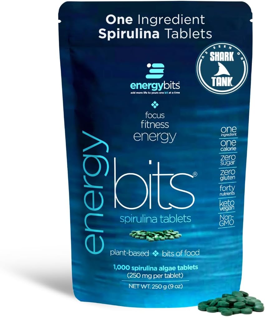 ENERGYBITS Organic Spirulina Tablets (1000 Algae Tablets) Natural Superfood for Energy, Fitness & Focus - 5g Protein, 1 Calorie, Sugar Free - Omega 3 - Spirulina Capsules - Gluten Free, Keto & Vegan