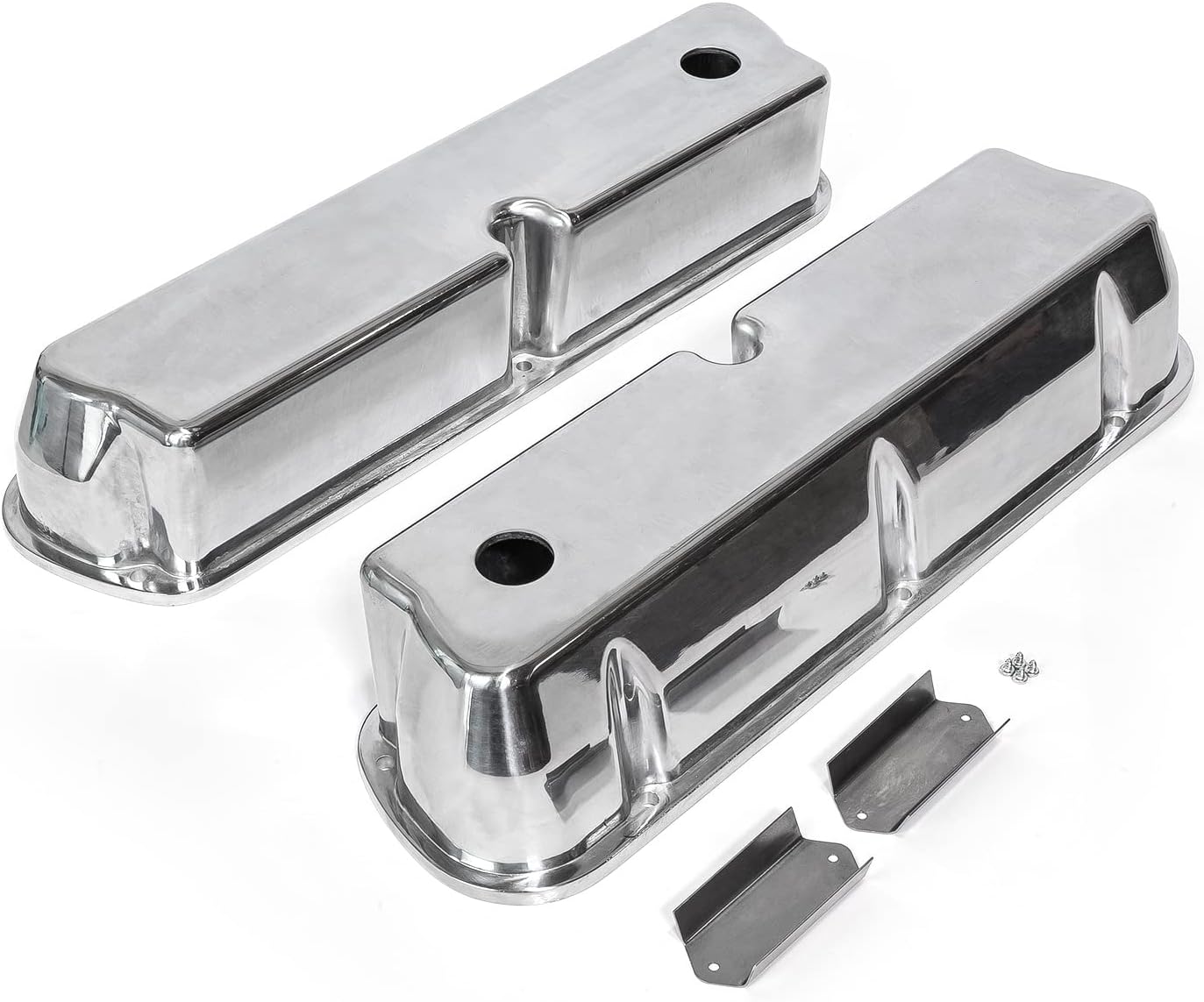 Speedmaster PCE314.1083.01 Compatible with Ford SB 289 302 351 Windsor Polished Aluminum Plain Valve Covers - Tall w/Hole