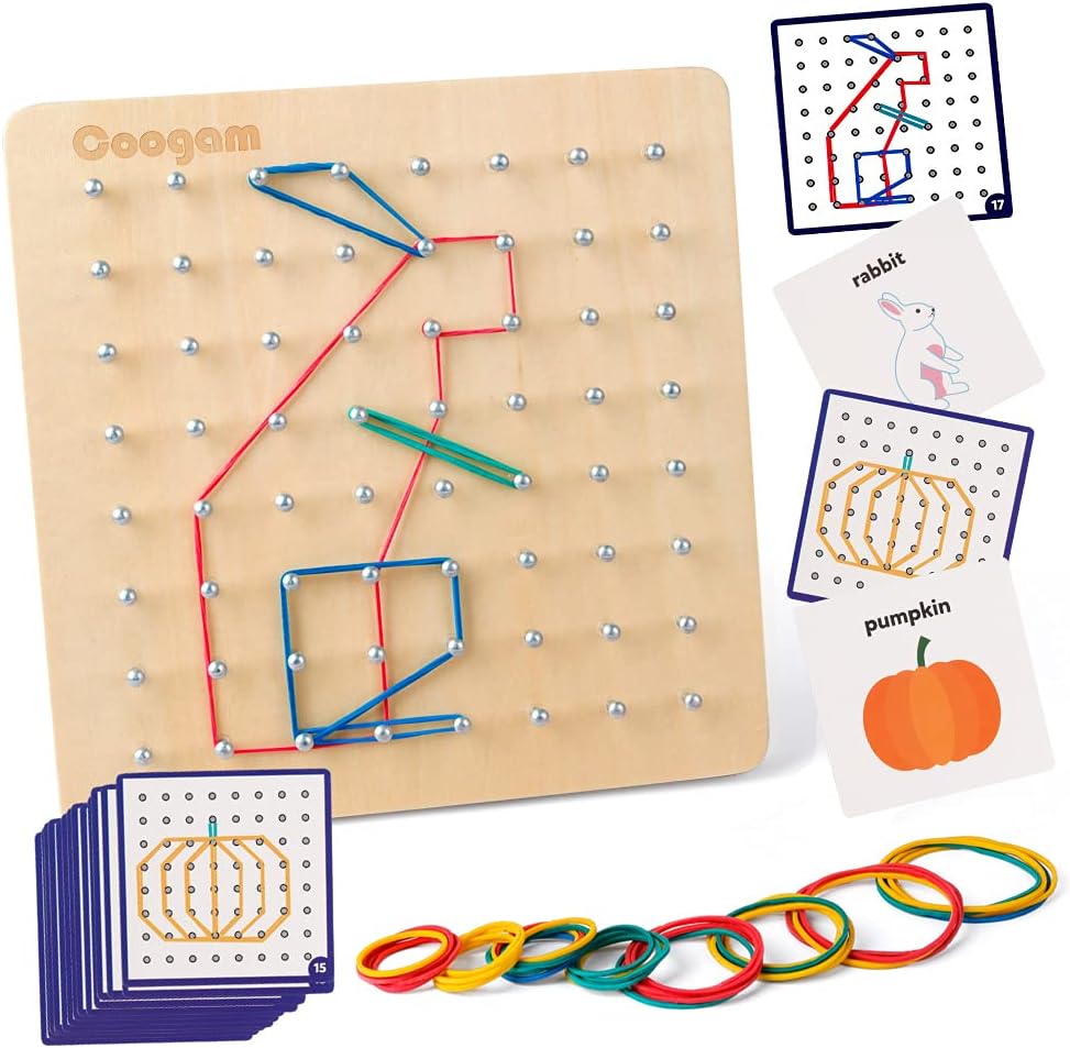 Coogam Wooden Geoboard Mathematical Manipulative Material Array Block Geo Board – Graphical Educational Toys with 30Pcs Pattern Cards and Latex