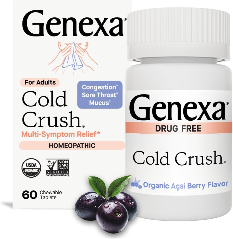 Genexa Cold Crush, Drug Free & Made Clean, 60 Chewable Tablets for Adults | Dye Free, 0% Artificial Additives, Non-GMO, Gluten Free, Homeopathic Cough, Cold, Sore Throat Relief, Acai Berry Flavor