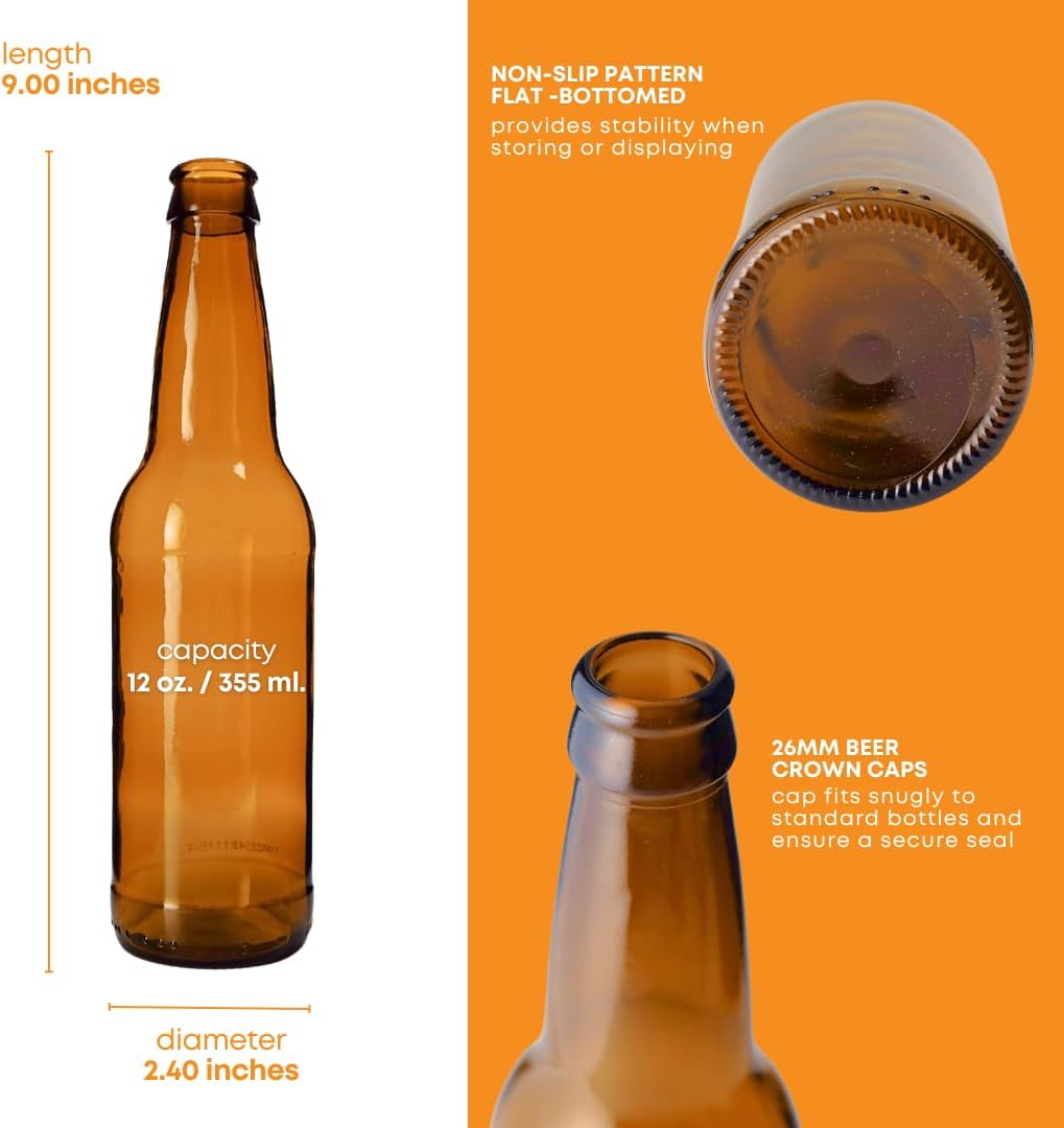 FastRack Amber Beer Bottles 12oz (Pack of 24) | Longneck Glass Beer Bottles with Pry-off Crown Finish for Home Brewing Mead