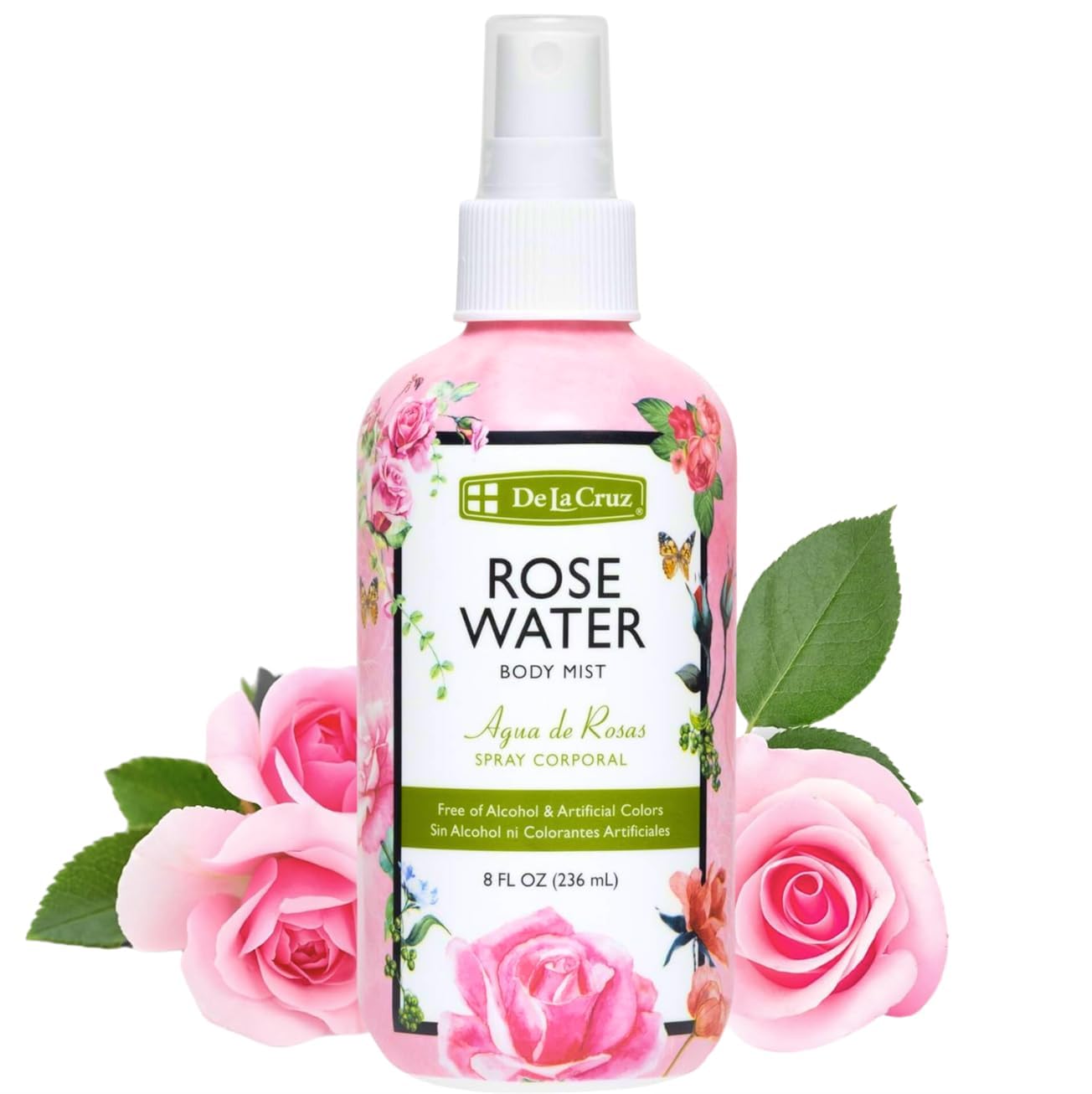 De La Cruz Rose Water Body & Hair Mist, 8 fl. oz Spray (236 mL) | Rose Water Spray, With Rose Flower Extract, Face, Hair & Body Mist, Home Mist, Alcohol Free, Refreshing & Soothing