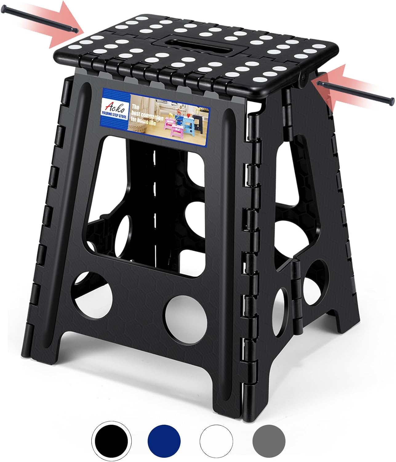ACKO 13 Inch Folding Step Stool, Holds 300 lb for Adults and Kids, Black | Collapsible Heavy Duty Foldable Stools, Portable Non-Slip Foot Stepping stool, Kitchen Bathroom Bedroom Outdoor with Handle