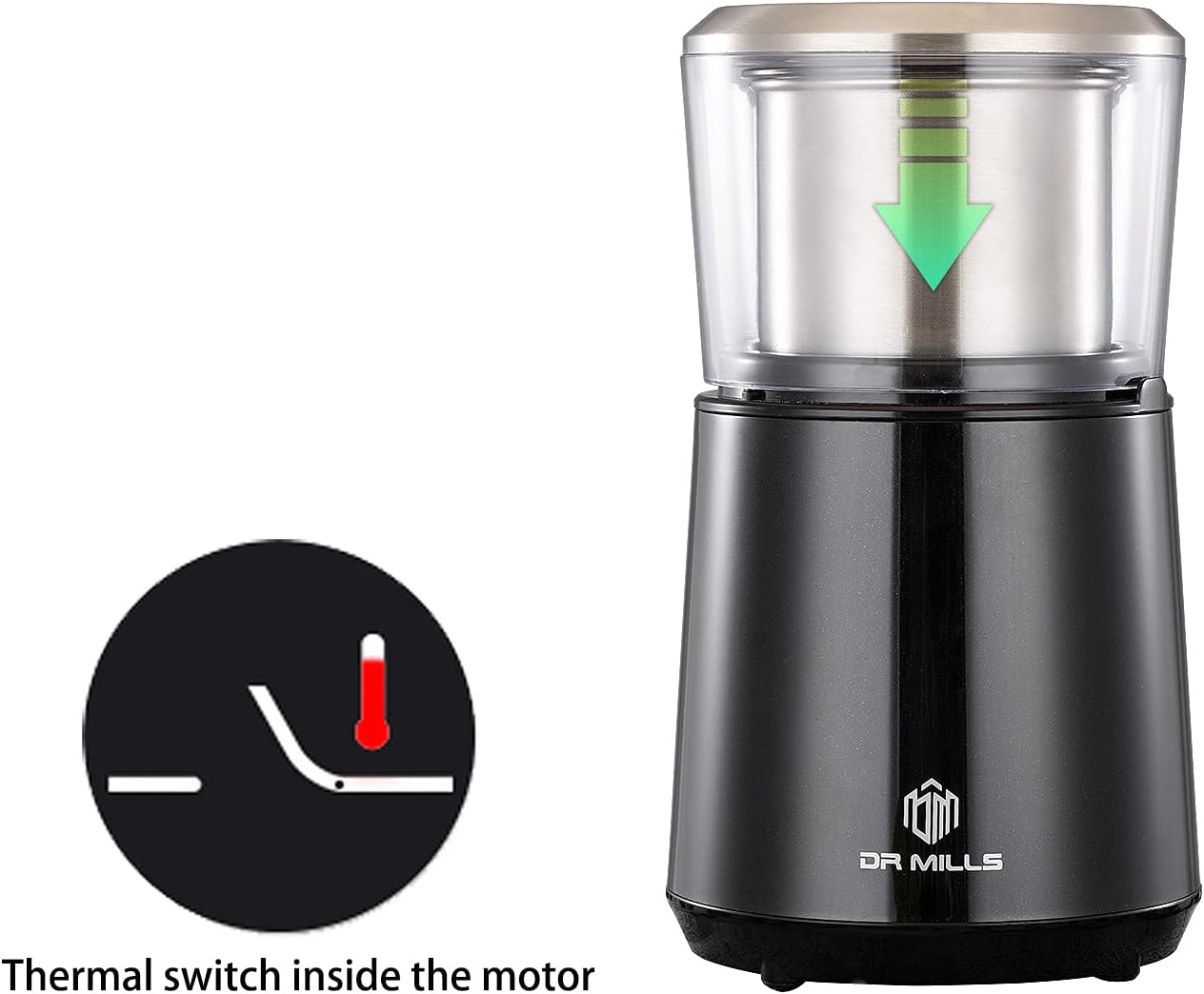 DR MILLS DM-7451 Electric Coffee Grinder, Coffee Bean Grinder Electric Dried Spice, Nut, Herb Grinder, Detachable Cup, Dishwashable