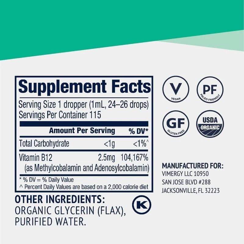 Vimergy Liquid Vitamin B12 Brain Function, 2500 mcg, Organic, 30 Servings | Brain Body Nourish*, Supports Oxygen and energy to the Brain*, Methylcobalamin & Adenosylcobalamin, Vegan, Non-GMO
