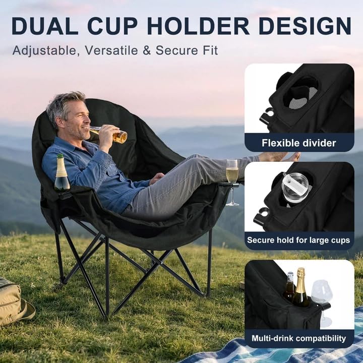 Oversized Camping Chairs for Adult - Heavy Duty Padded Portable Folding Chair XL Collapsible Camp Chair with Cup Holder Side Pocket for Outdoor Lawn Beach Sport Fishing Support 500LBS, Grey