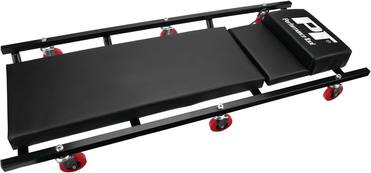 Performance Tool W85005 40 in. 6-Caster Rolling Shop Creeper | Automotive mechanics creeper with adjustable headrest. Heavy duty steel frame. Padded