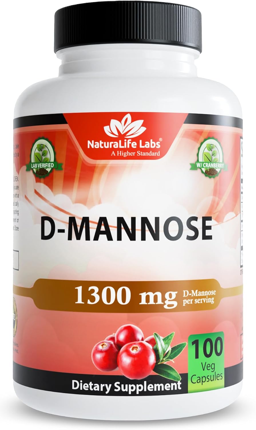 NaturaLife Labs Organic D-Mannose 1300mg + Organic Cranberry Extract 100mg per Serving – Urinary Tract Support – Non-GMO, Gluten-Free & Vegan – 100 Capsules