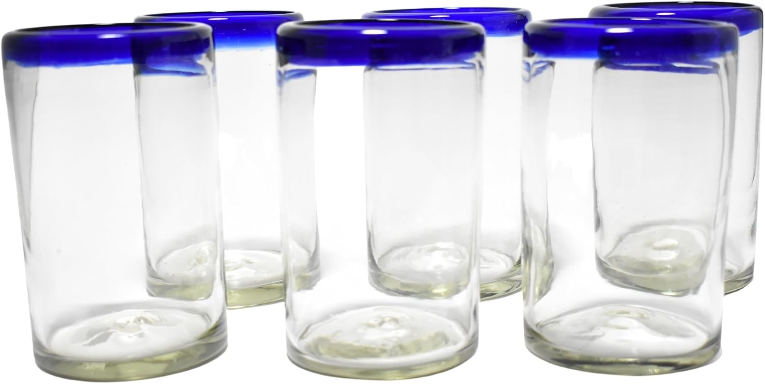 MAREY Hand Blown Drinking Glasses Artisan Crafted from Mexico Set of 6 pieces (Cobalt Blue Rim, Water 16 Oz.)