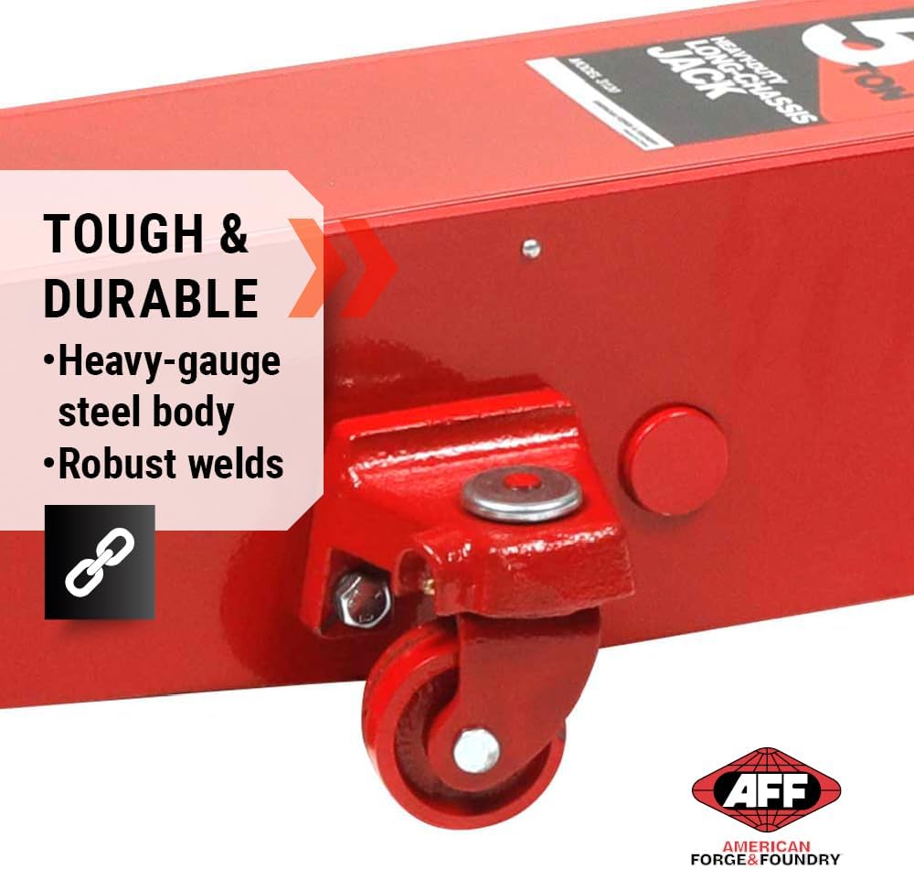 AFF 10 Ton Air Hydraulic Long Chassis Jack - for Long Overhang Vehicles | 10 T Floor Jack with Foot Pump & 3-Position Lock Handle - Ideal for Repair Shops, Bus & Truck Fleets, Heavy Duty Equipment