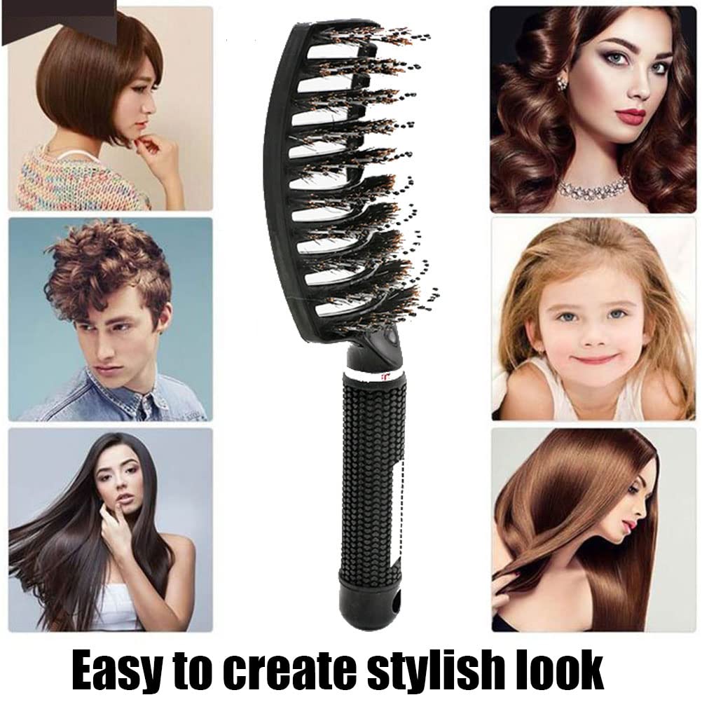Boar Bristle Detangler Vent Hair Brush for Blow Drying, Curved Vented Paddle Detangling Brush for Women Men